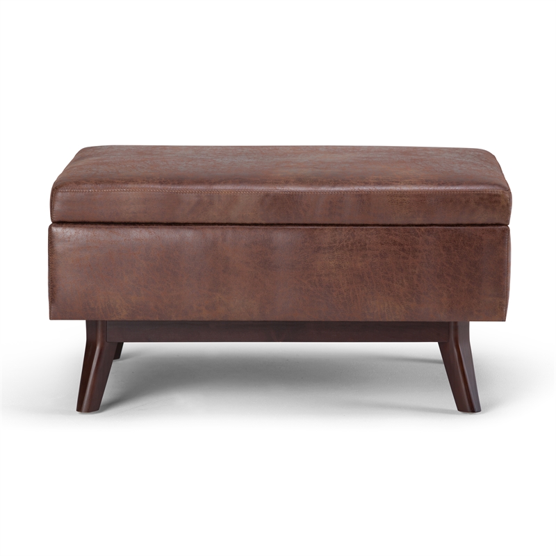 Simpli Home Owen Faux Leather Storage Coffee Table Ottoman in Saddle Brown