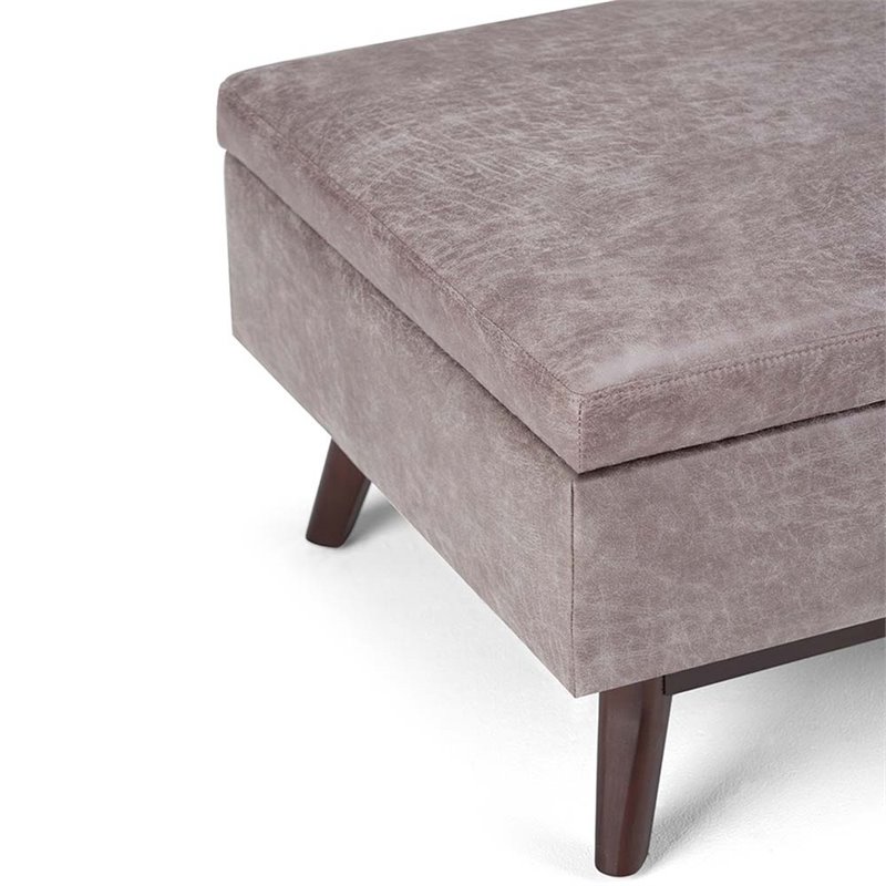 Simpli Home Owen Faux Leather Storage Coffee Table Ottoman in Gray Taupe