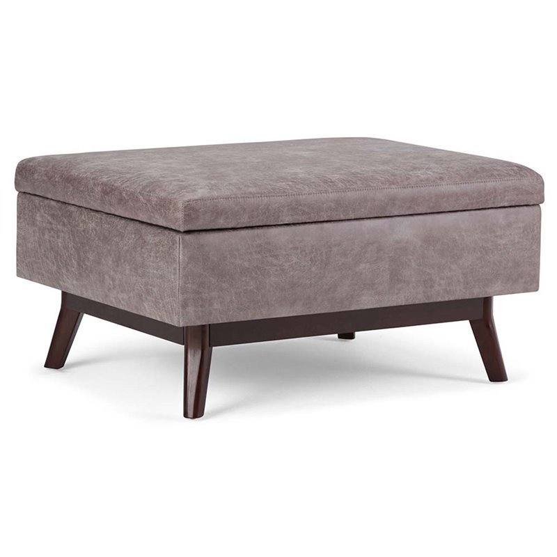 Simpli Home Owen Faux Leather Storage Coffee Table Ottoman in Gray Taupe
