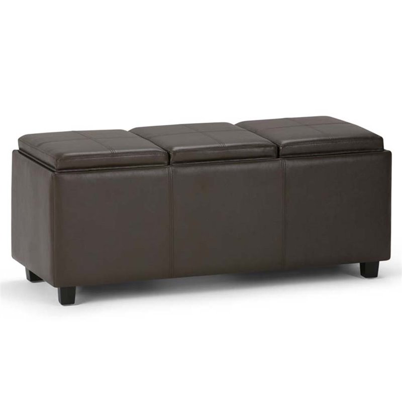 Simpli Home Avalon 3 Faux Leather Tray Bench in Chocolate Brown