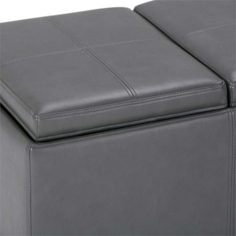 Simpli Home Avalon 3 Faux Leather Tray Bench in Stone Gray