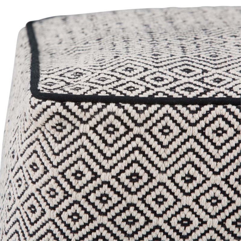 Simpli Home Brynn Boho Square Pouf in Patterned Black and Natural Cotton