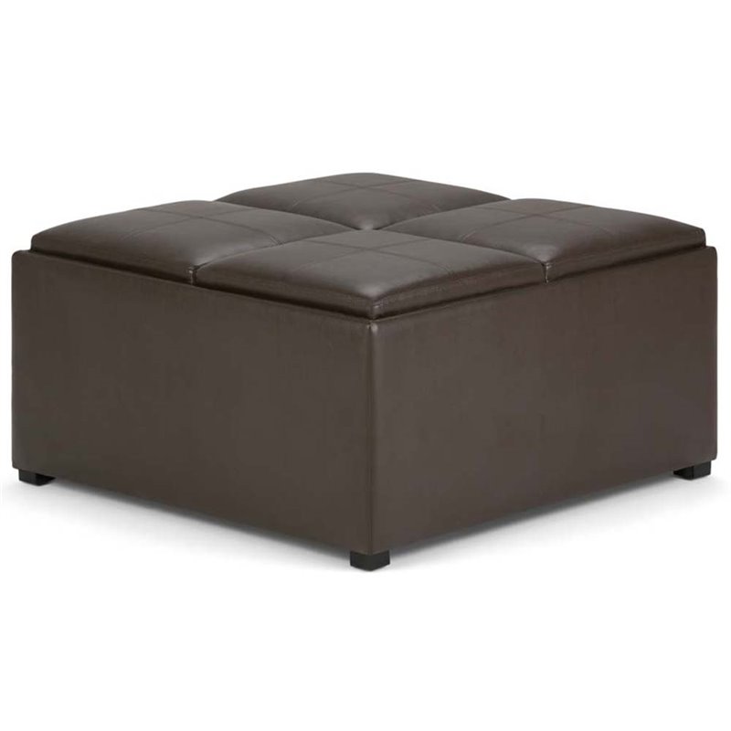 Simpli Home Avalon Square Faux Leather Ottoman in Chocolate Brown