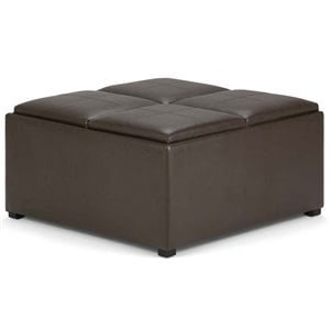 Simpli Home Avalon Square Faux Leather Ottoman in Chocolate Brown