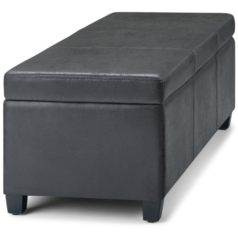 Simpli Home Avalon Faux Leather Storage Ottoman Bench in Black