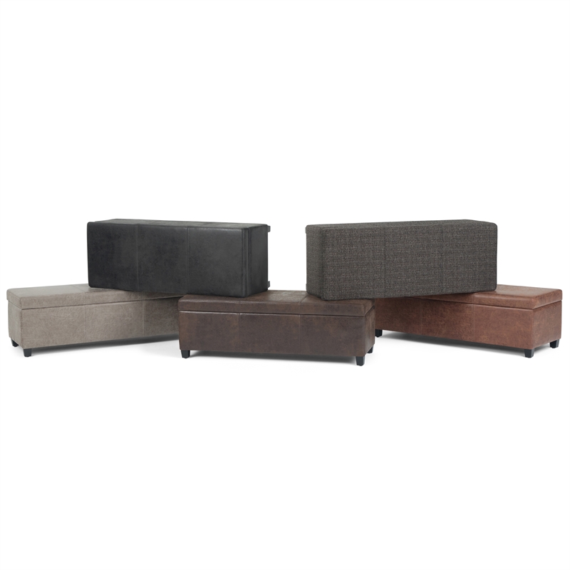 Simpli Home Avalon Faux Leather Storage Ottoman Bench in Brown
