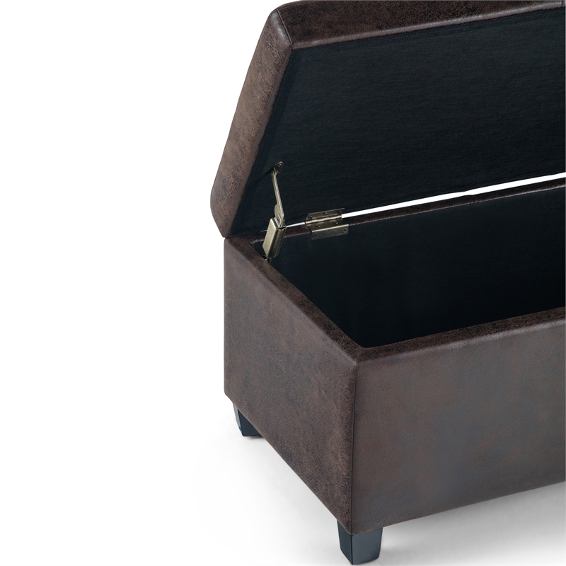 Simpli Home Avalon Faux Leather Storage Ottoman Bench in Brown