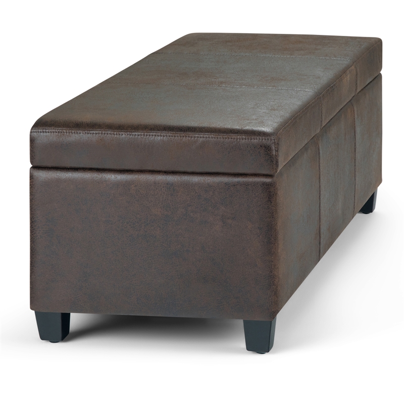 Simpli Home Avalon Faux Leather Storage Ottoman Bench in Brown