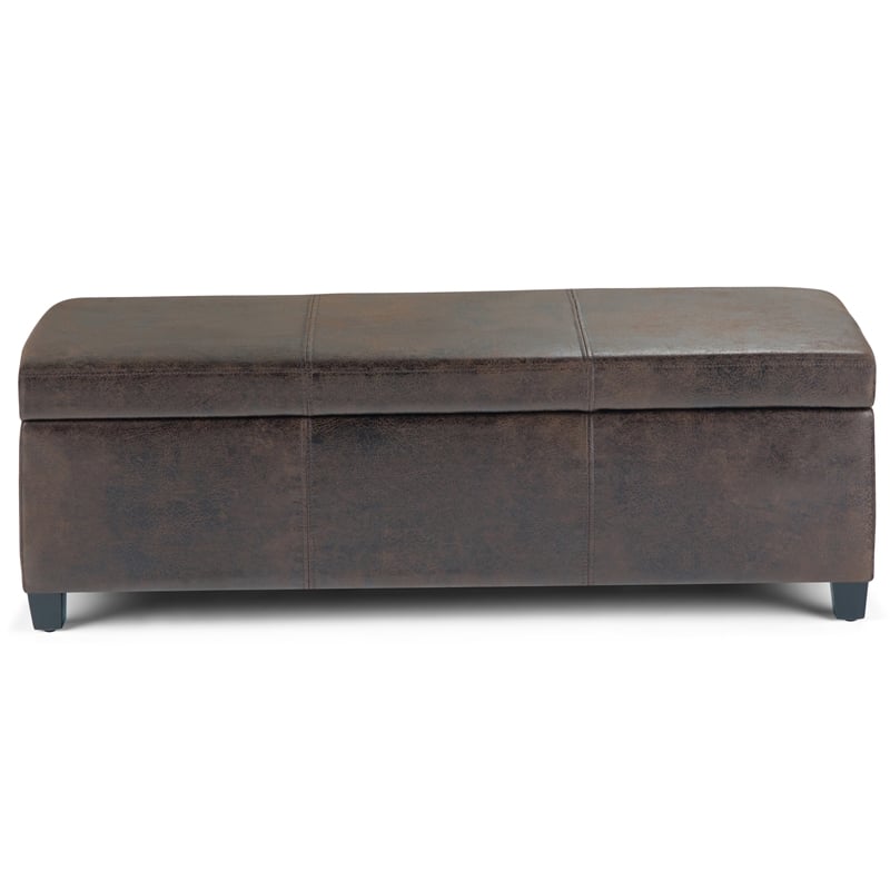 Simpli Home Avalon Faux Leather Storage Ottoman Bench in Brown