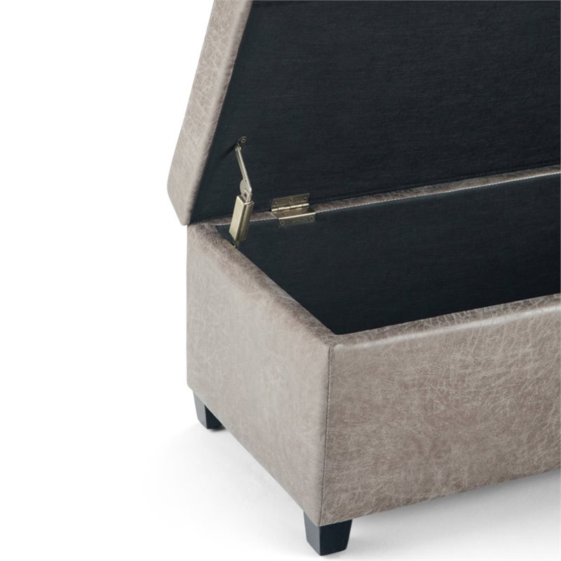 Simpli Home Avalon Faux Leather Storage Ottoman Bench in Distressed Gray Taupe