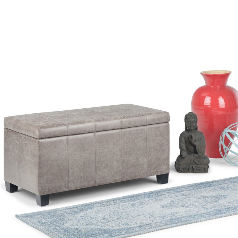 Simpli Home Dover Faux Leather Storage Ottoman Bench in Gray Taupe