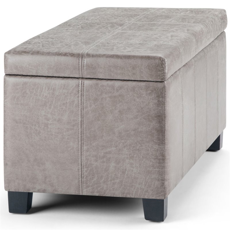 Simpli Home Dover Faux Leather Storage Ottoman Bench in Gray Taupe
