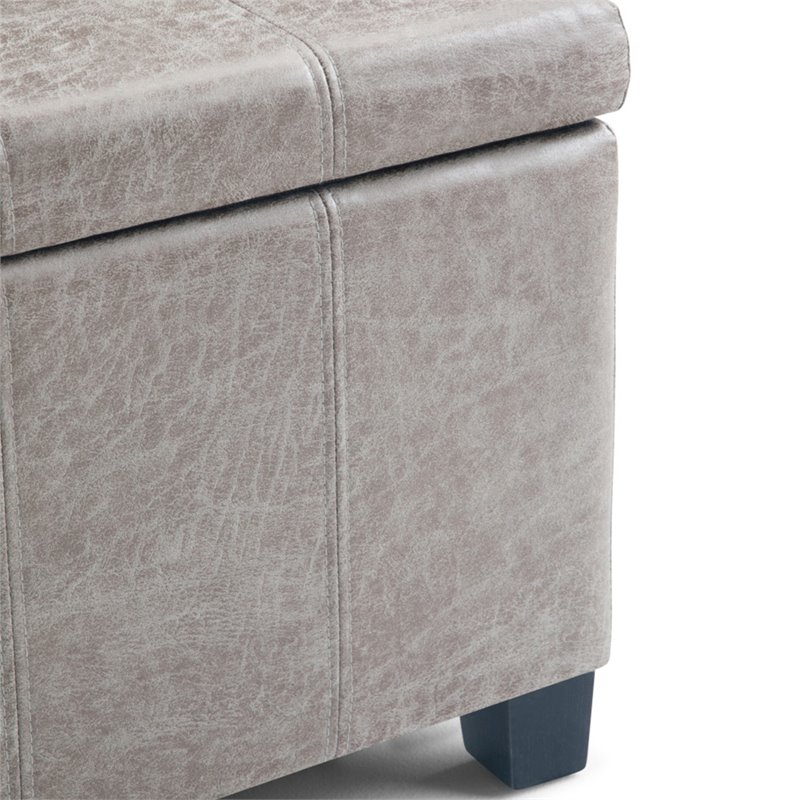 Simpli Home Dover Faux Leather Storage Ottoman Bench in Gray Taupe