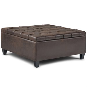 Simpli Home Harrison 36&quot Transitional Square Coffee Table Ottoman in Brown Faux Leather