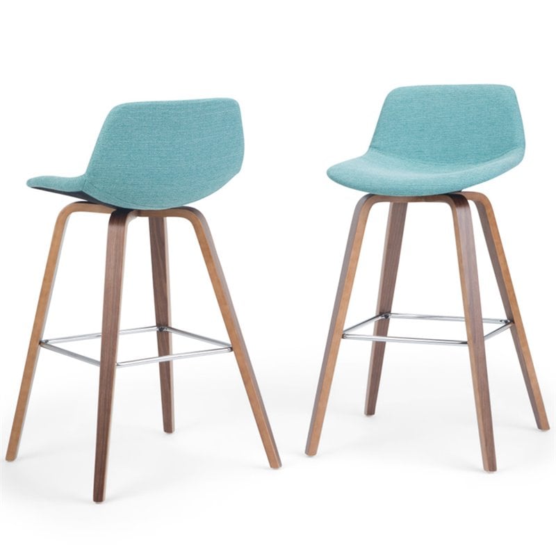 Randolph 28 inch Seat Height Mid Century Modern Bentwood Counter/Bar Height Stool in Aqua Blue Linen Look Fabric (Set of 2)