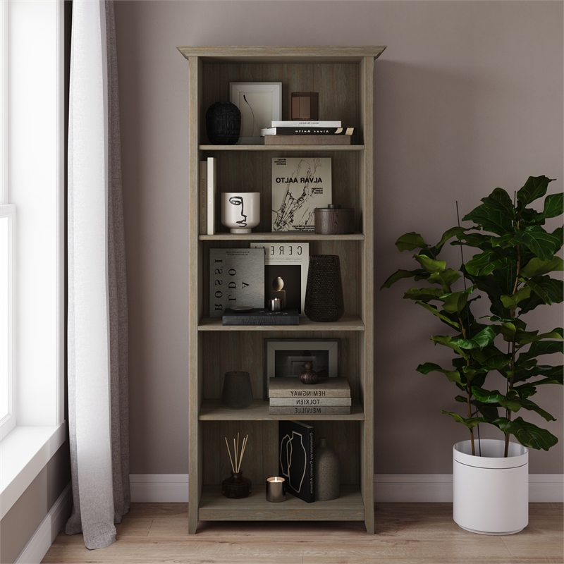 Amherst 30 inch Wide Solid Wood Transitional 5 Shelf Bookcase in Distressed Gray