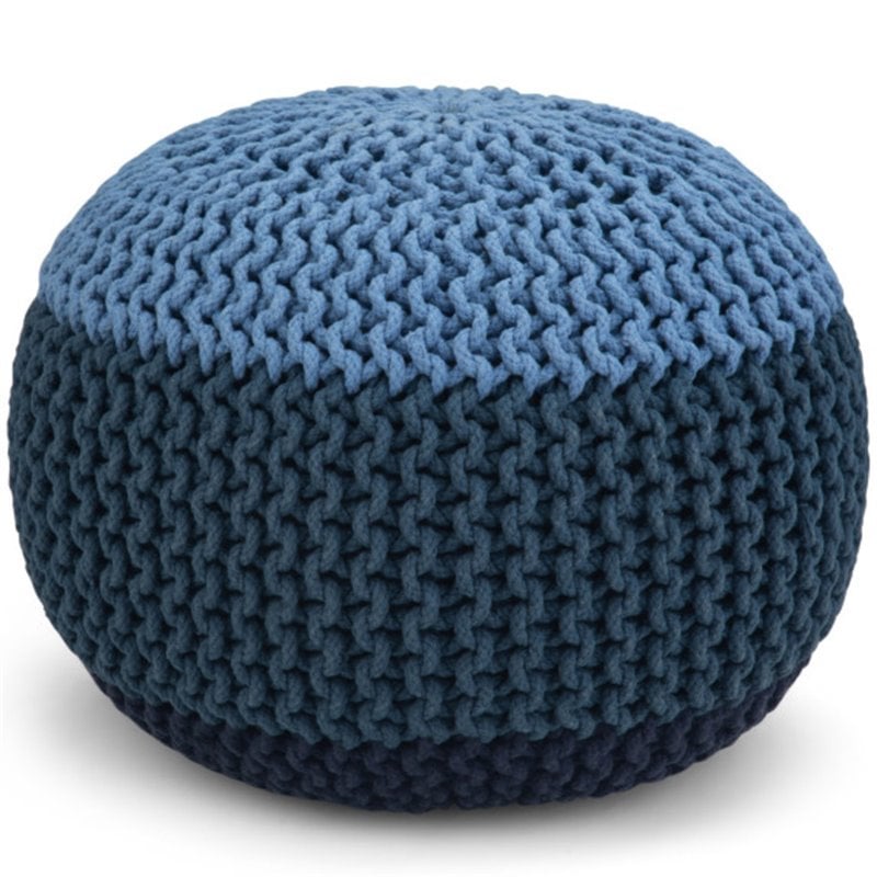 Simpli Home Nikki Boho Round Hand Knit Pouf in Blue and Navy Blue Cotton