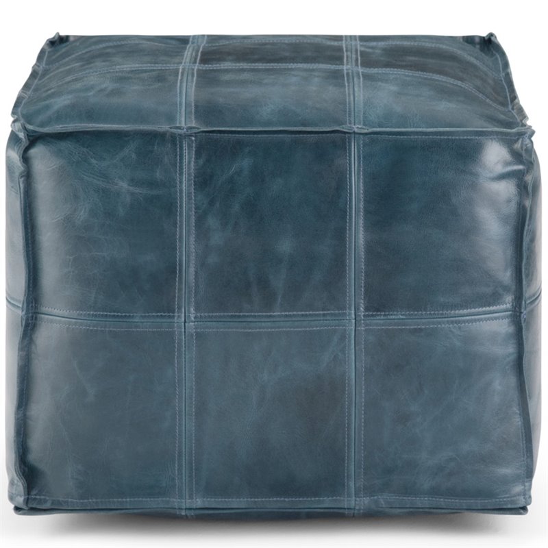 Simpli Home Manning Boho Square Pouf in Teal Genuine Leather