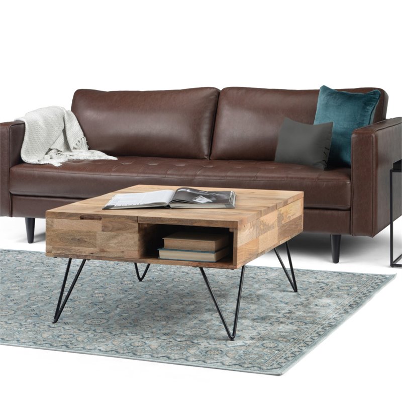 Hunter 32 inch Wide Solid Mango Wood Industrial Lift Top Square Coffee Table in Refined Natural