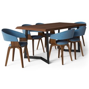 Simpli Home Lowell Modern Industrial 7 Pc Dining Set with 6 Upholstered Bentwood Dining Chairs in Blue