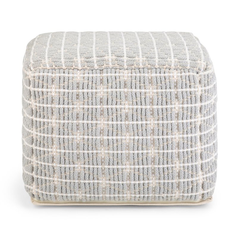 Simpli Home Noreen Boho Square Pouf in Light Blue and White Handloom Woven Pattern