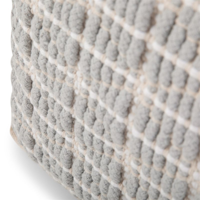 Simpli Home Noreen Boho Square Pouf in Light Blue and White Handloom Woven Pattern