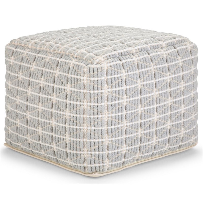 Simpli Home Noreen Boho Square Pouf in Light Blue and White Handloom Woven Pattern