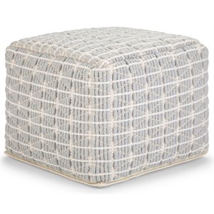 Simpli Home Noreen Boho Square Pouf in Light Blue and White Handloom Woven Pattern