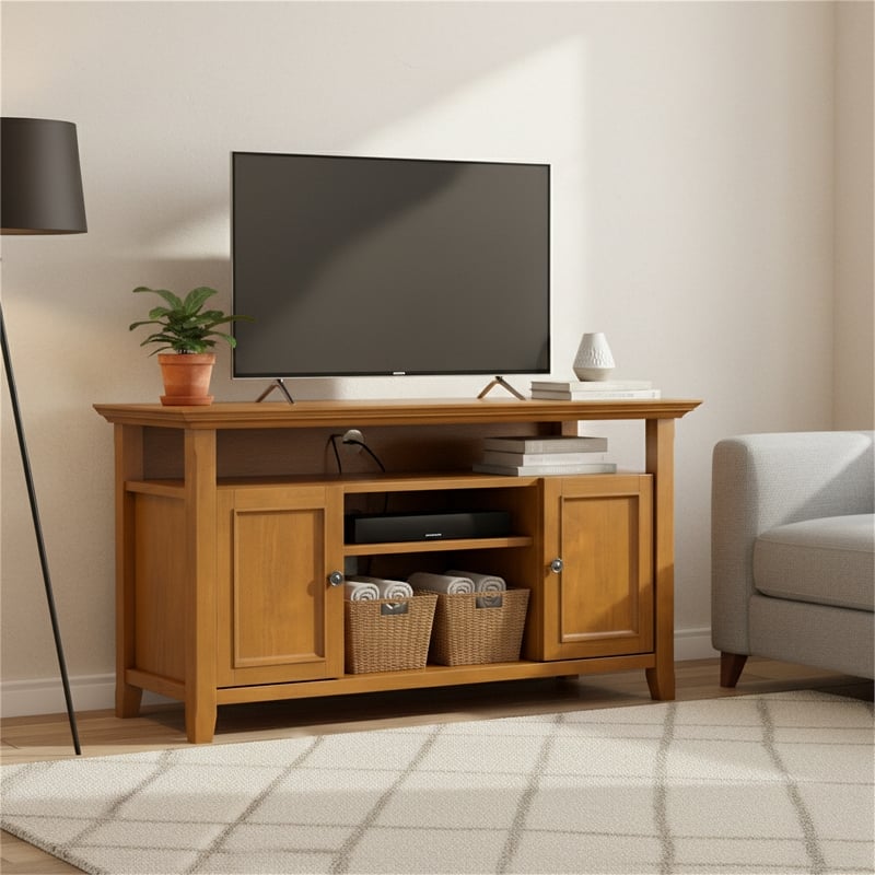 Amherst 54 inch Wide Solid Wood Transitional TV Stand in Light Golden Brown