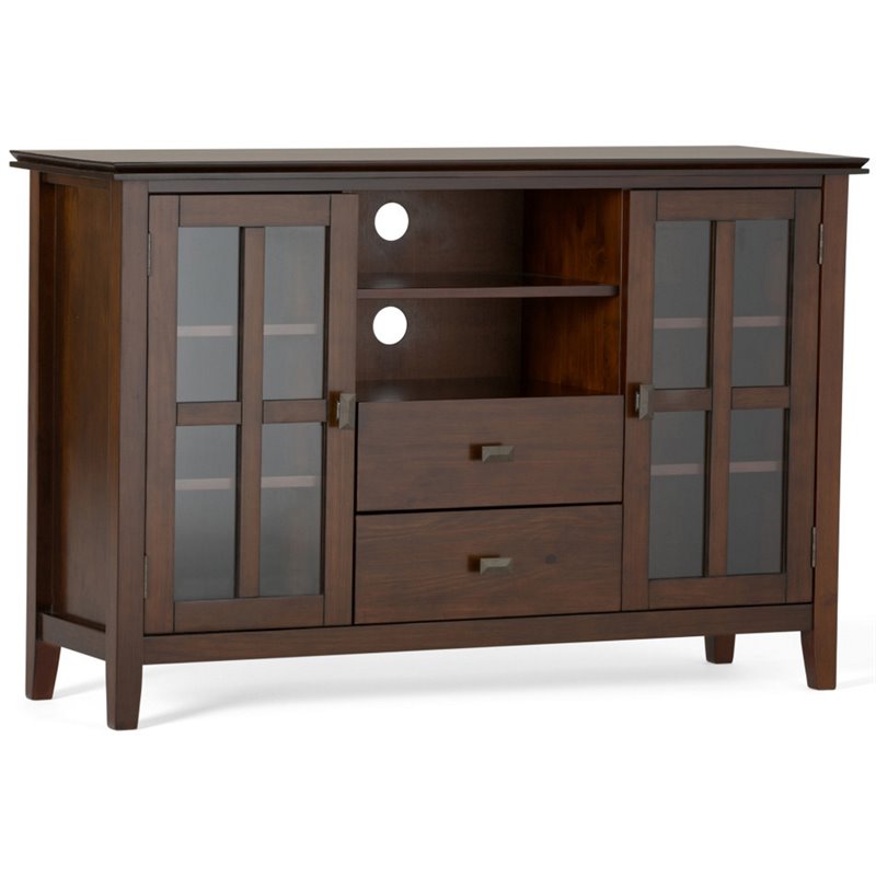 Simpli Home Artisan Wood TV Media Stand in Russet Brown For TVs up to 55