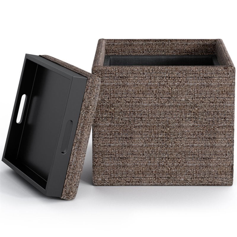 Simpli Home Rockwood Square Tweed Fabric Storage Ottoman With Tray in Mink Brown