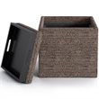Simpli Home Rockwood Square Tweed Fabric Storage Ottoman With Tray in Mink Brown
