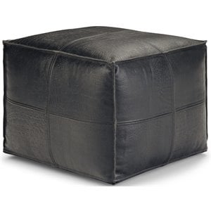 Simpli Home Bowen Boho Square Pouf in Black Genuine Leather