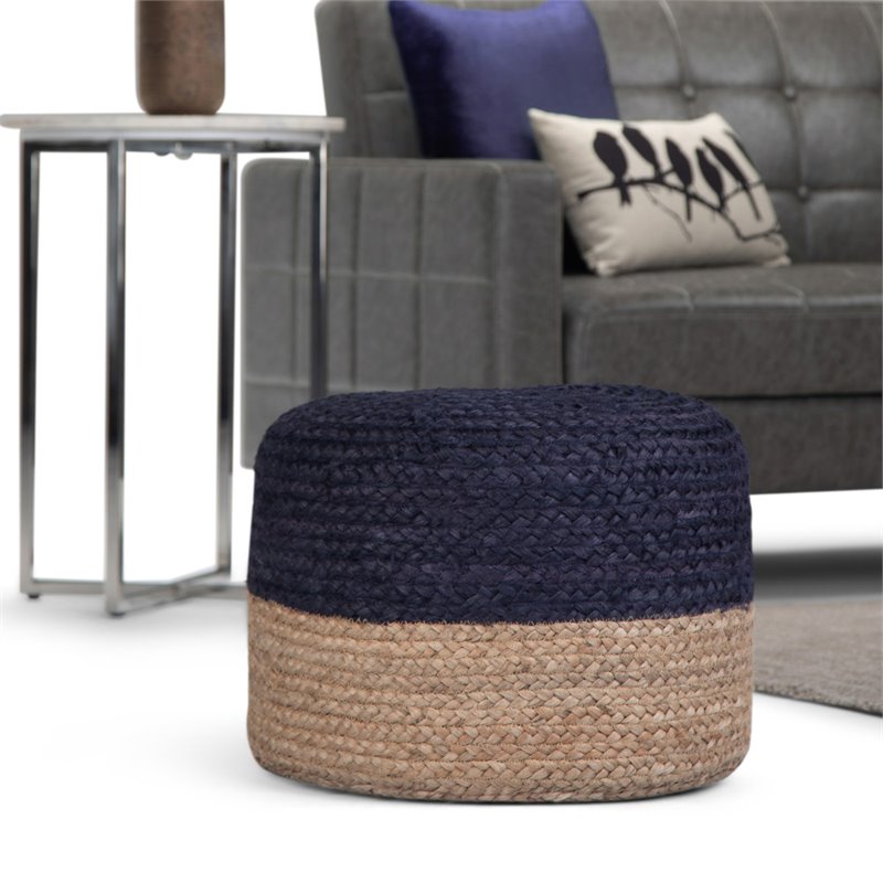 Simpli Home Lydia Boho Round Pouf in Navy and Natural Braided Jute