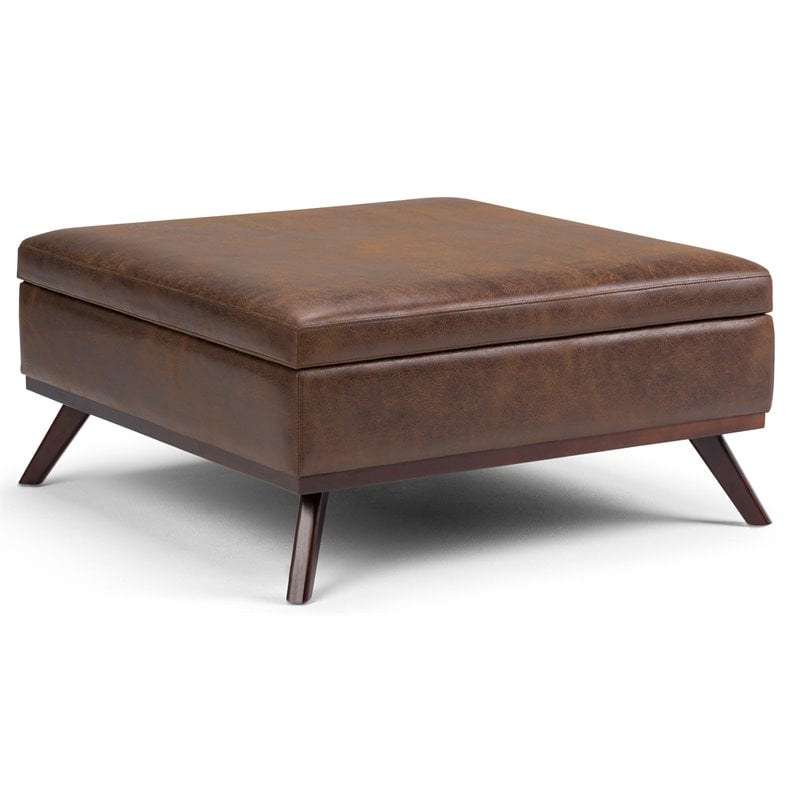 Simpli Home Owen Faux Air Leather Square Coffee Table Ottoman in Chestnut Brown