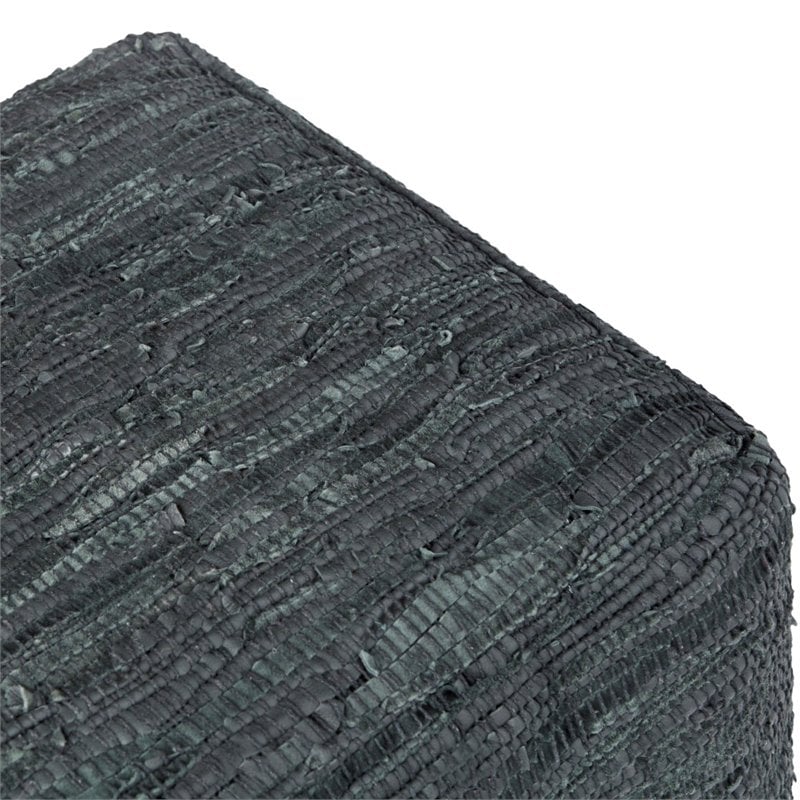 Simpli Home Fredrik Boho Square Pouf in Gray Woven Genuine Leather