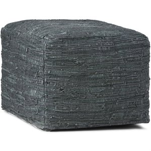 Simpli Home Fredrik Boho Square Pouf in Gray Woven Genuine Leather