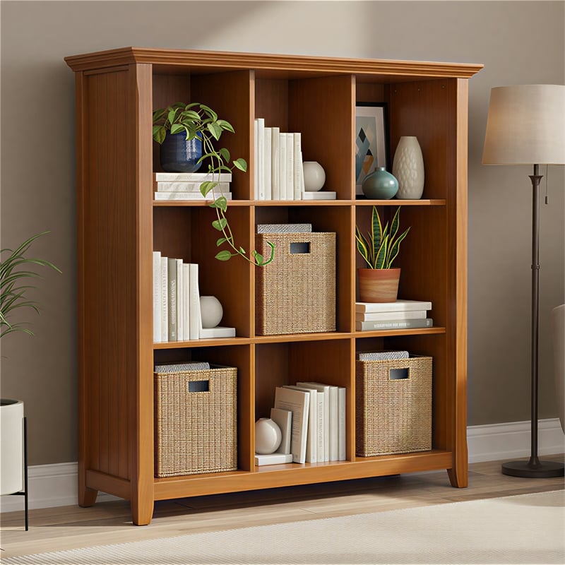 Simpli Home Acadian Wood 9 Cube Bookcase and Unit in Light Golden Brown