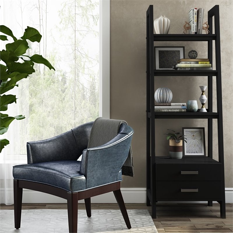Simpli Home Sawhorse 4 Shelf Soild Wood Modern Ladder Bookcase in Black