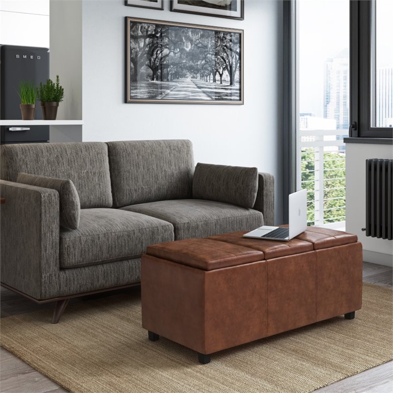 Simpli Home Avalon Faux Air Leather Storage Ottoman in Distressed Saddle Brown