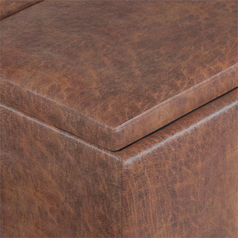 Simpli Home Avalon Faux Air Leather Storage Ottoman in Distressed Saddle Brown