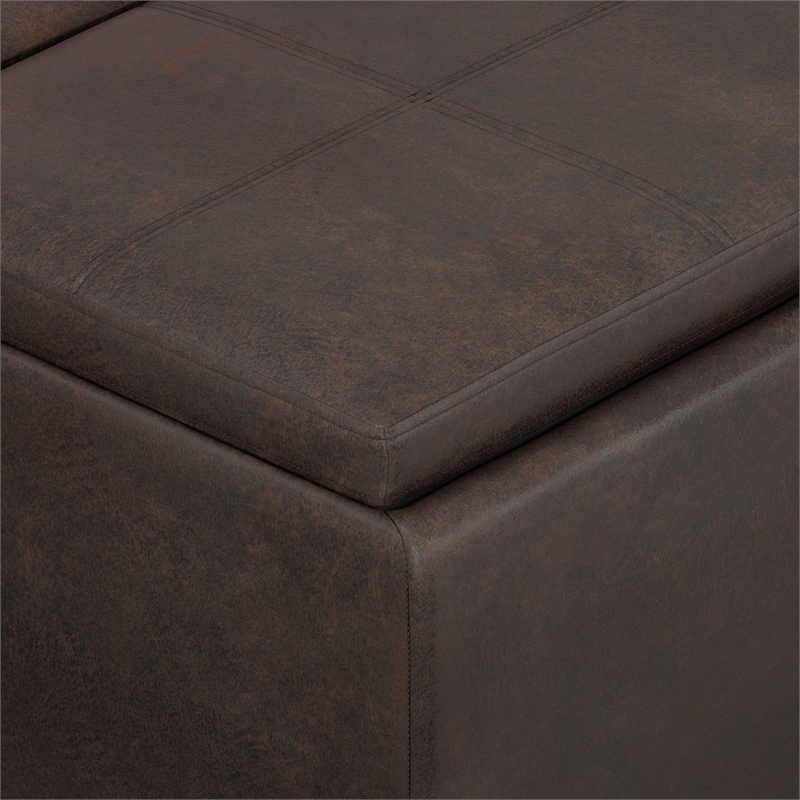 Simpli Home Avalon Faux Air Leather Storage Ottoman in Distressed Brown