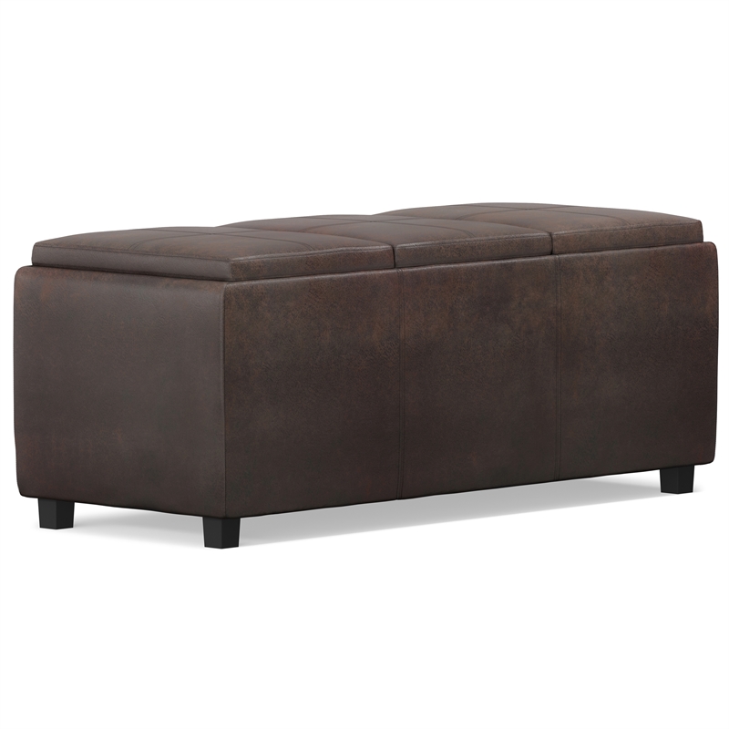 Simpli Home Avalon Faux Air Leather Storage Ottoman in Distressed Brown