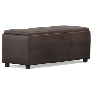 Simpli Home Avalon Faux Air Leather Storage Ottoman in Distressed Brown