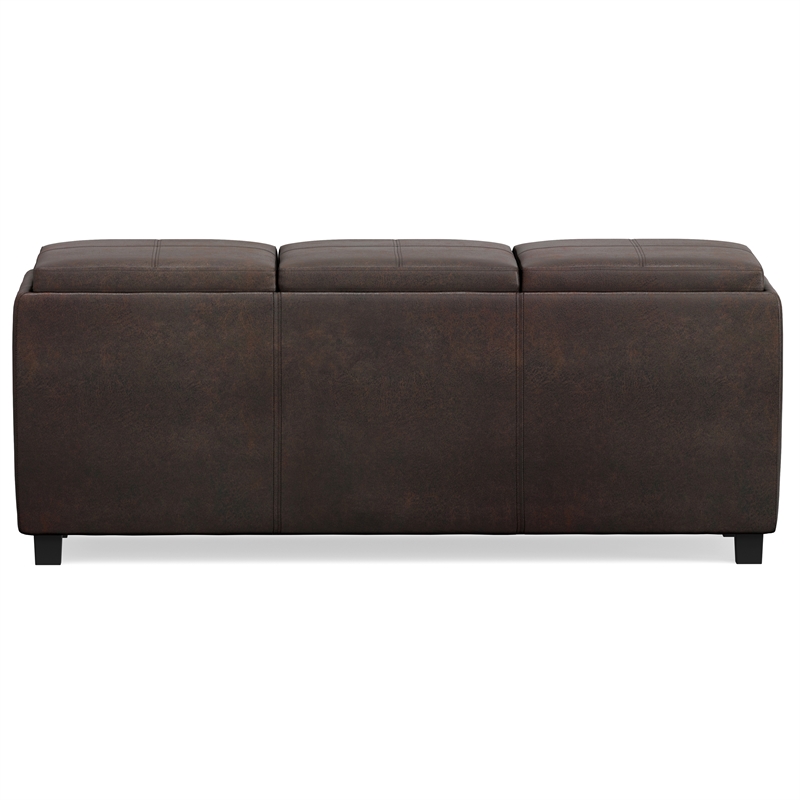 Simpli Home Avalon Faux Air Leather Storage Ottoman in Distressed Brown
