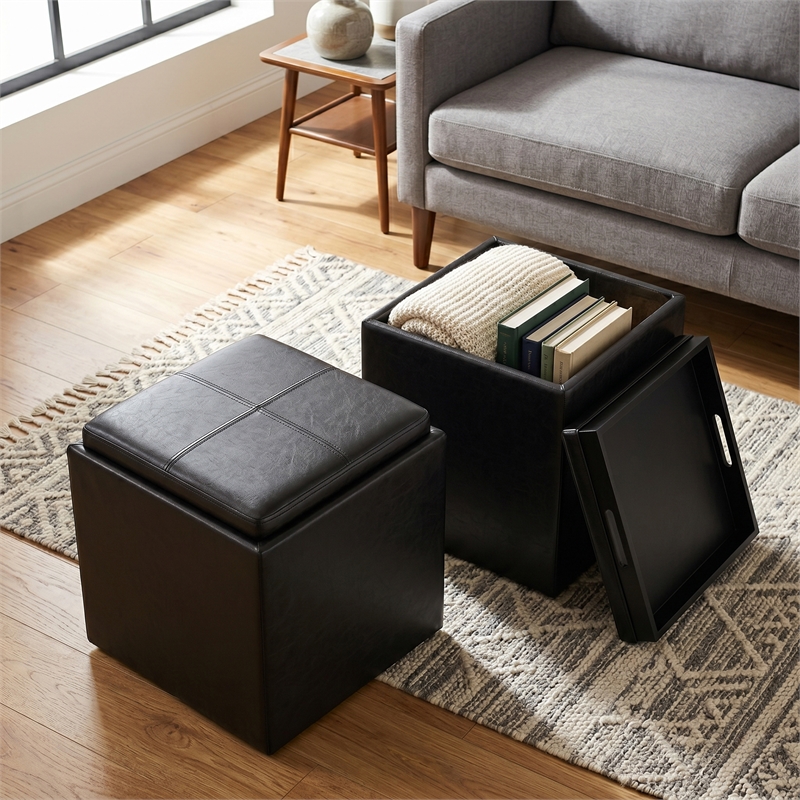 Simpli Home Rockwood Faux Air Leather Cube Storage Ottoman in Black