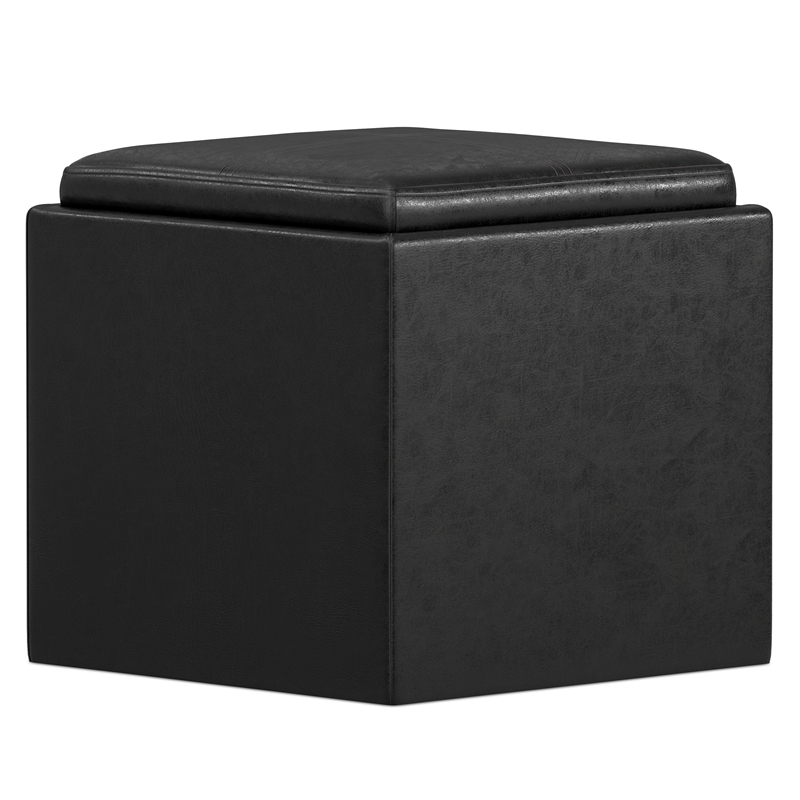 Simpli Home Rockwood Faux Air Leather Cube Storage Ottoman in Black