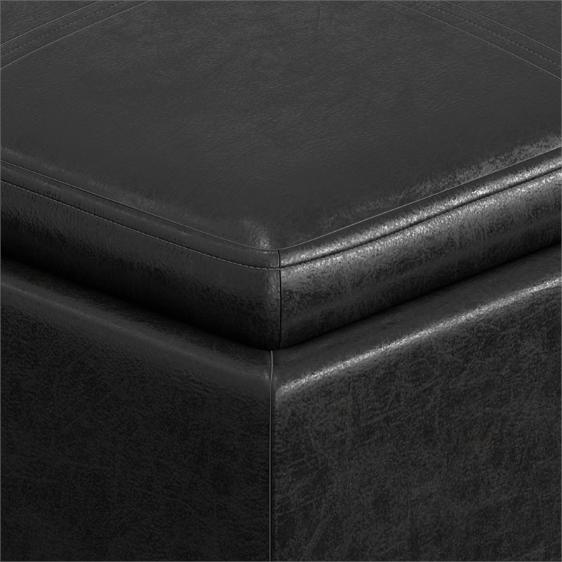 Simpli Home Rockwood Faux Air Leather Cube Storage Ottoman in Black