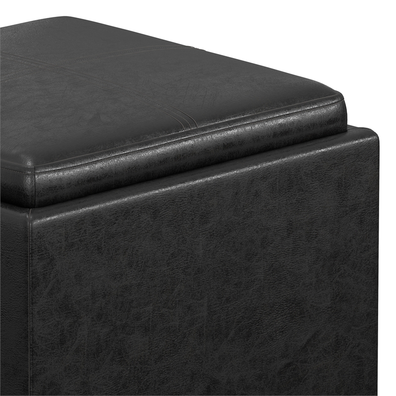 Simpli Home Rockwood Faux Air Leather Cube Storage Ottoman in Black