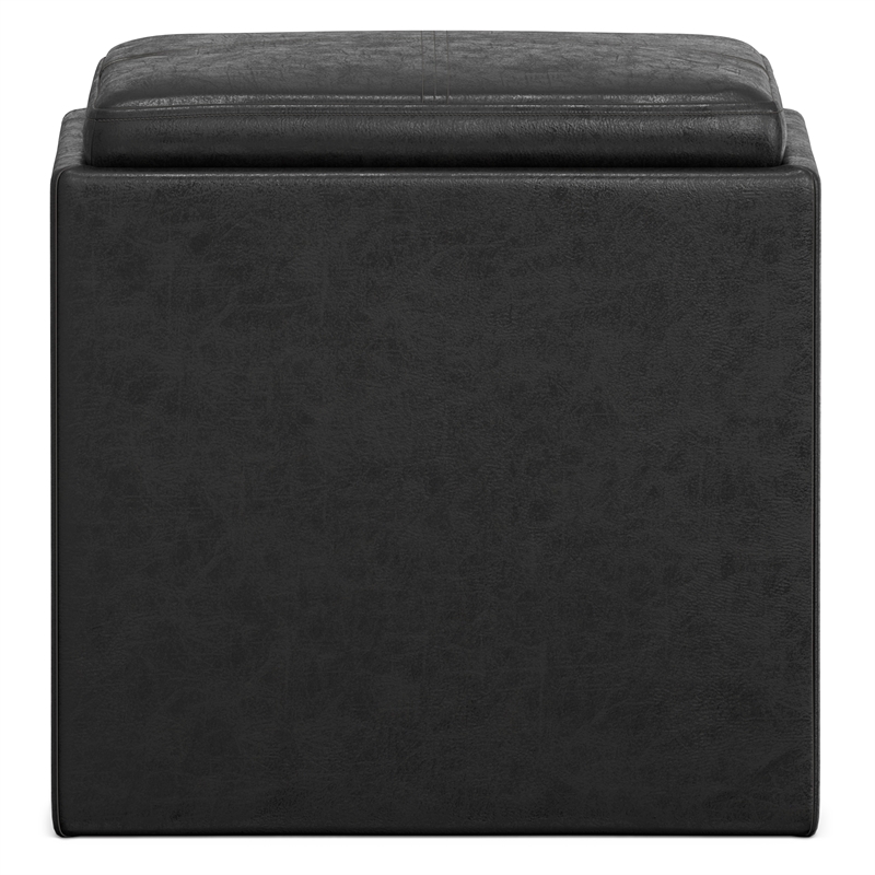 Simpli Home Rockwood Faux Air Leather Cube Storage Ottoman in Black